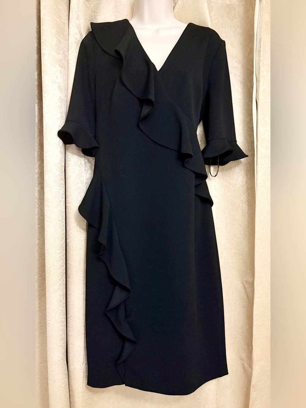 Calvin Klein Black Ruffle V-Neck Midi Dress size 12